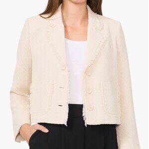 Halogen Tweed Fringe Jacket Blazer Cropped Crop Short Cream Beige Off White NWT